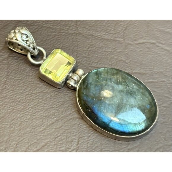 Bali Sterling Silver 925 Large Oval Labradorite Citrine 90’s Chunky Pendant - Picture 5 of 7